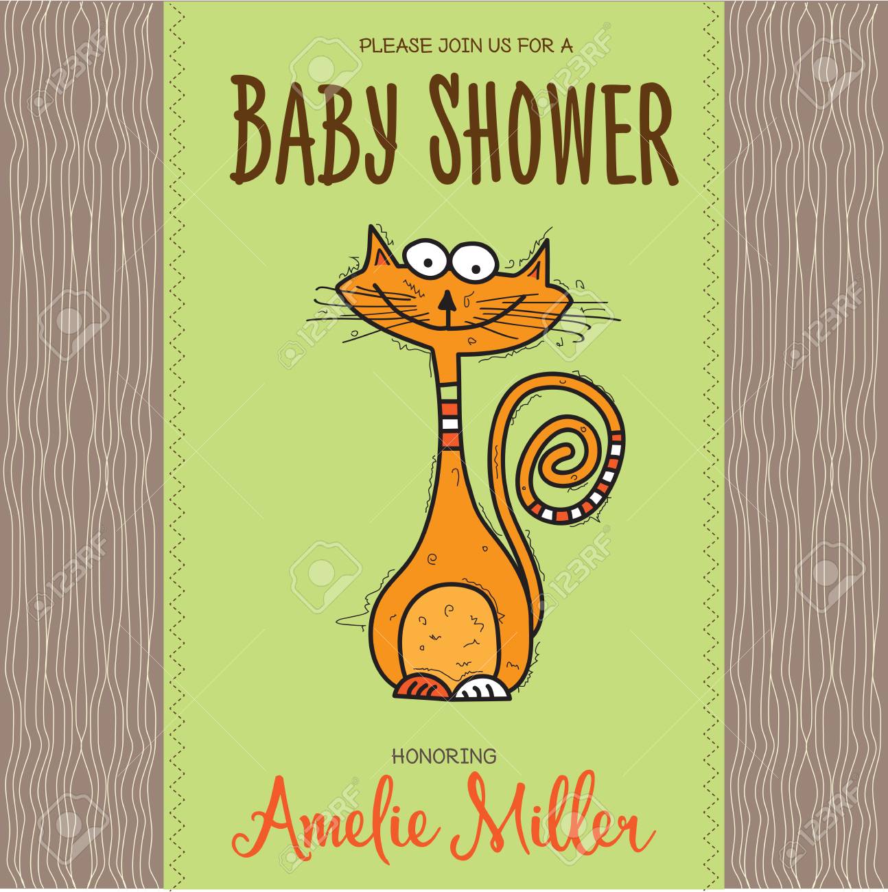 Baby Shower Card Template With Funny Doodle Cat Vector Format