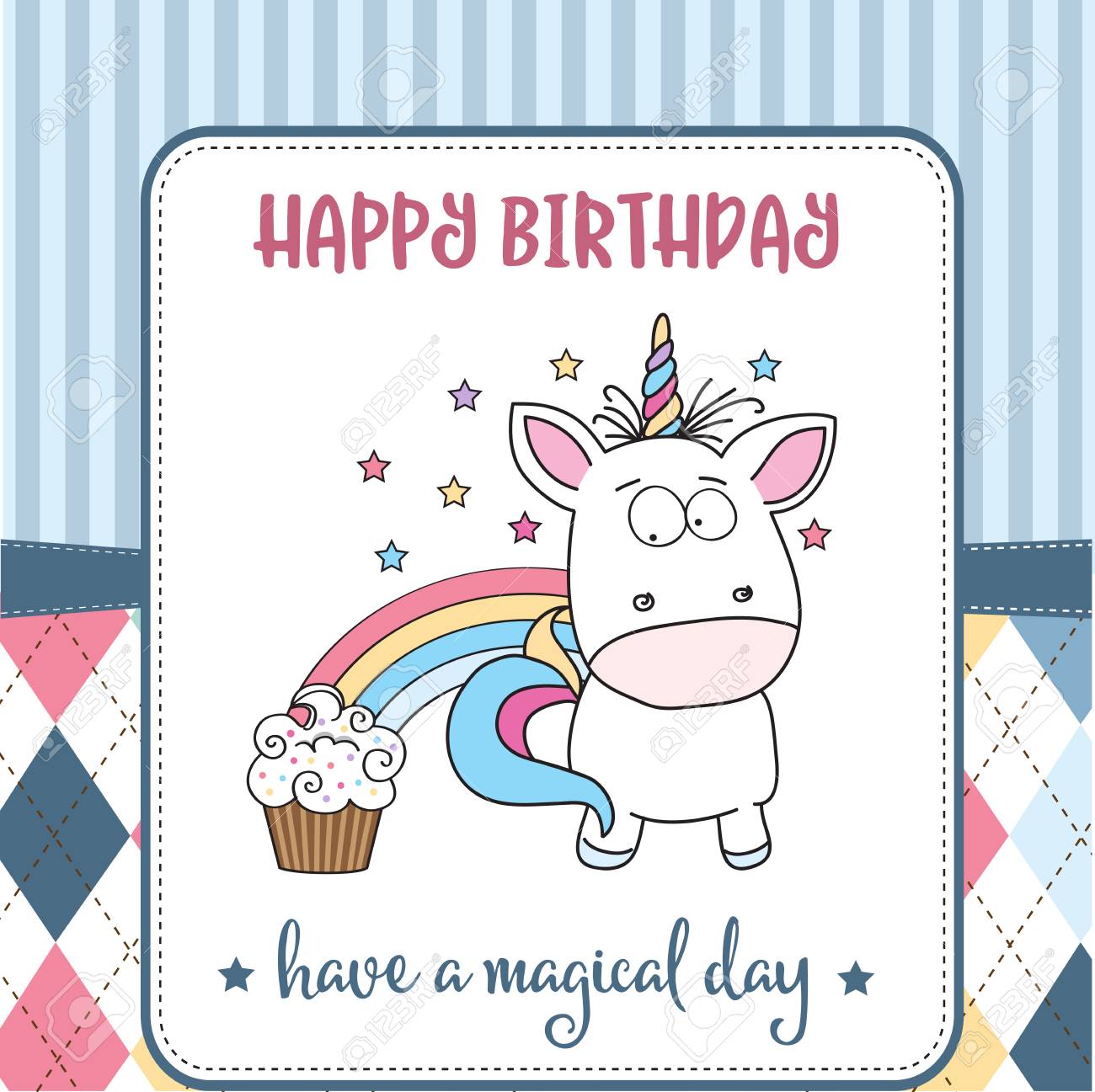 happy birthday card with lovely baby unicorn vector format birthday card format