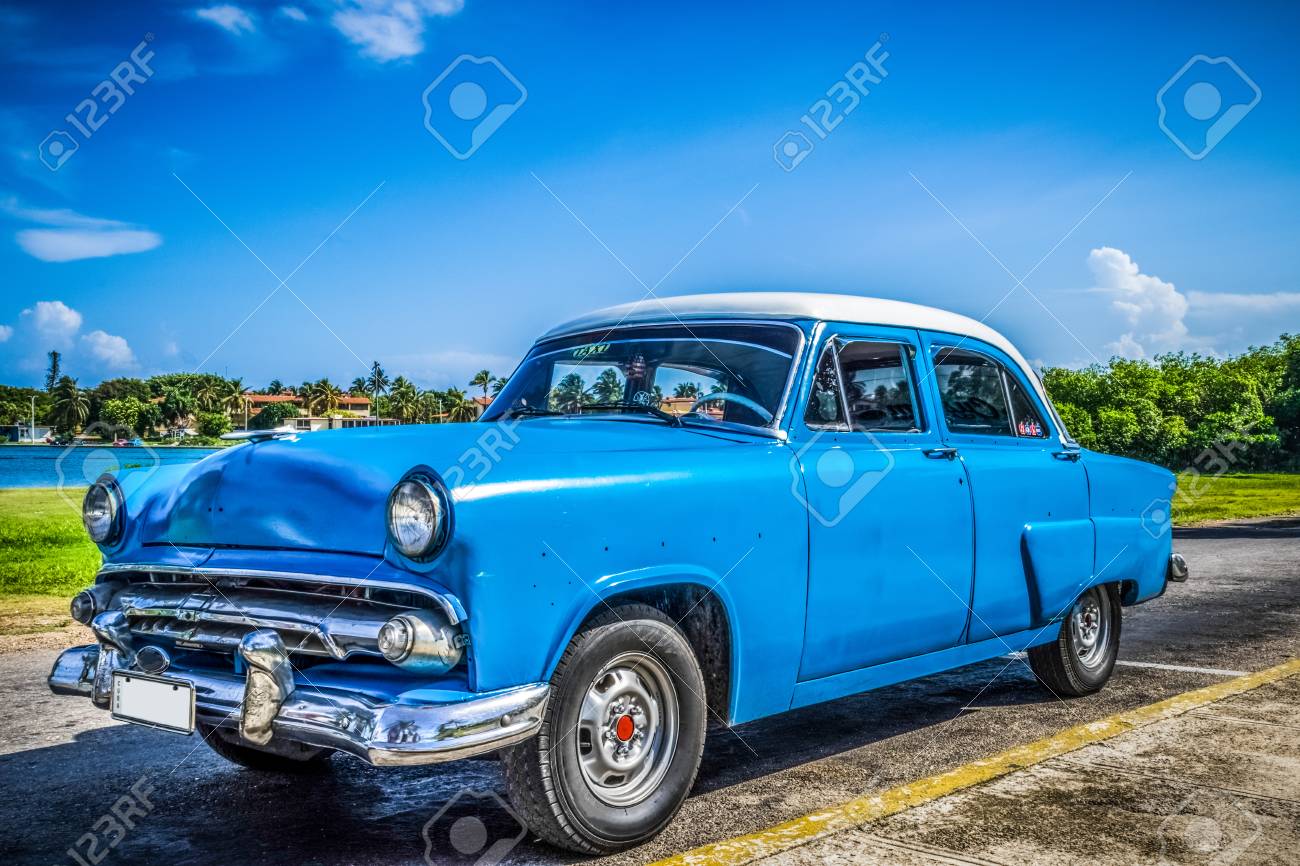 Hdr American Blue Vintage Car Parked In Front Of The Beach At Varadero Cuba Series Cuba Reportage Stock Photo Picture And Royalty Free Image Image 98841634