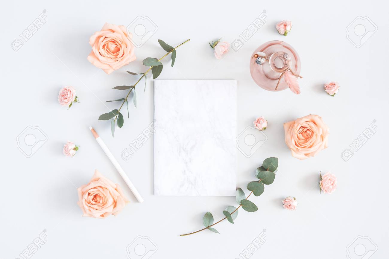 Wedding invitation card. Marble paper blank, rose flowers, eucalyptus branches on gray background. Wedding concept. Flat lay, top view, copy space - 100584531 Wedding invitation card. Marble paper blank, rose flowers, eucalyptus branches on gray background. Wedding concept. Flat lay, top view, copy space - 100584531