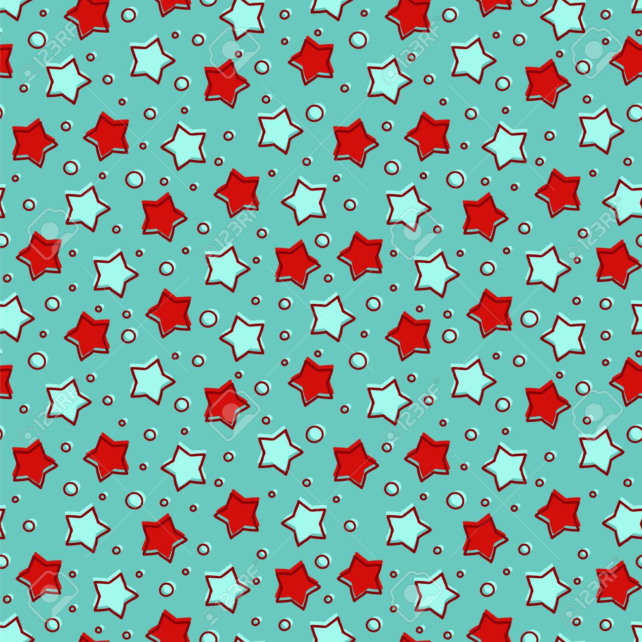 赤と青緑色の背景にアクア青星 カード 壁紙 スクラップ ブック ホリデイ 包装紙 ファブリックのシームレス パターン のイラスト素材 ベクタ Image