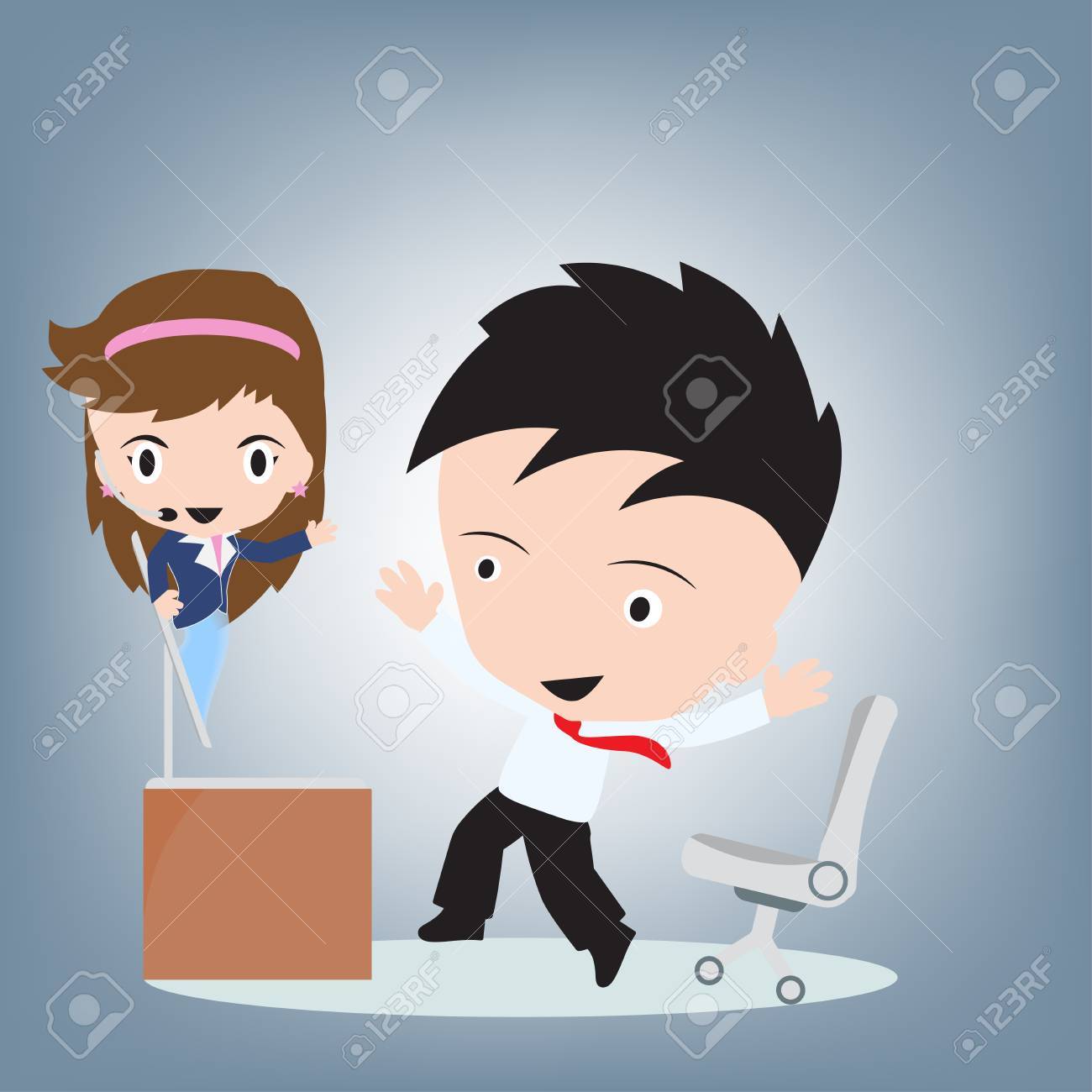 フラットなデザインのコンピューターとユーザーのリモート サポート クライアント サービス コミュニケーション コンセプト イラスト のために幸せでヘッドセット見せつける身に着けている女性の顧客サービスのイラスト素材 ベクタ Image