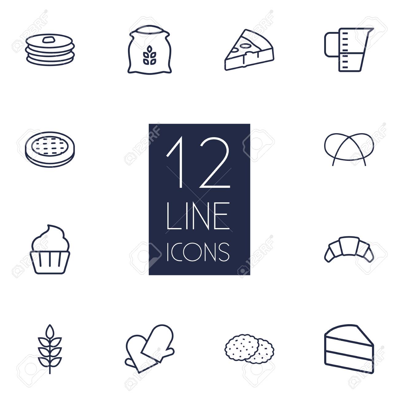 クロワッサン アップルパイ 計量カップおよびその他の要素の 12 の概要アイコン Set Collection のセットです のイラスト素材 ベクタ Image