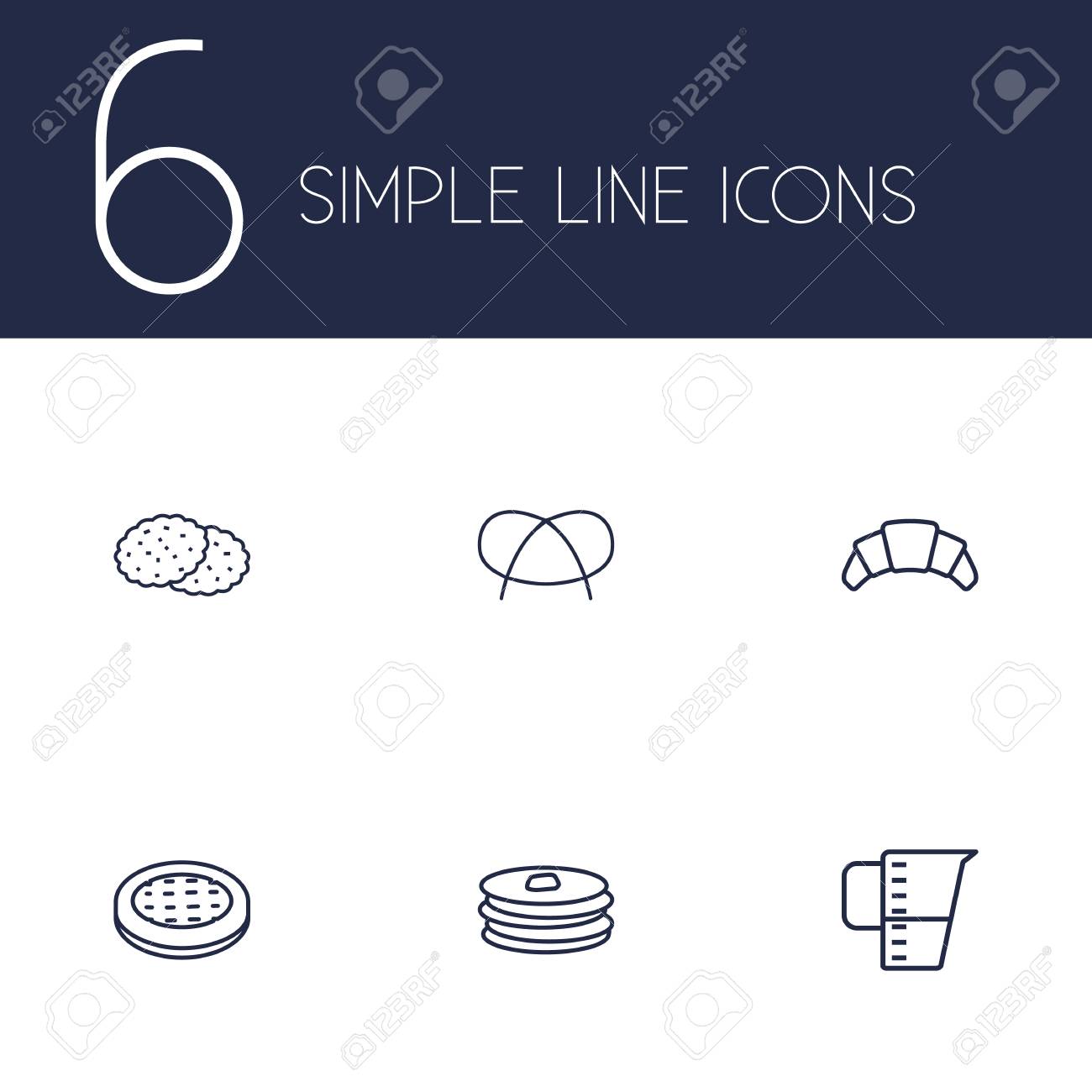 6 ストーブ概要アイコン Set Collection のプレッツェル アップルパイ パンケーキ その他の要素のセットです のイラスト素材 ベクタ Image