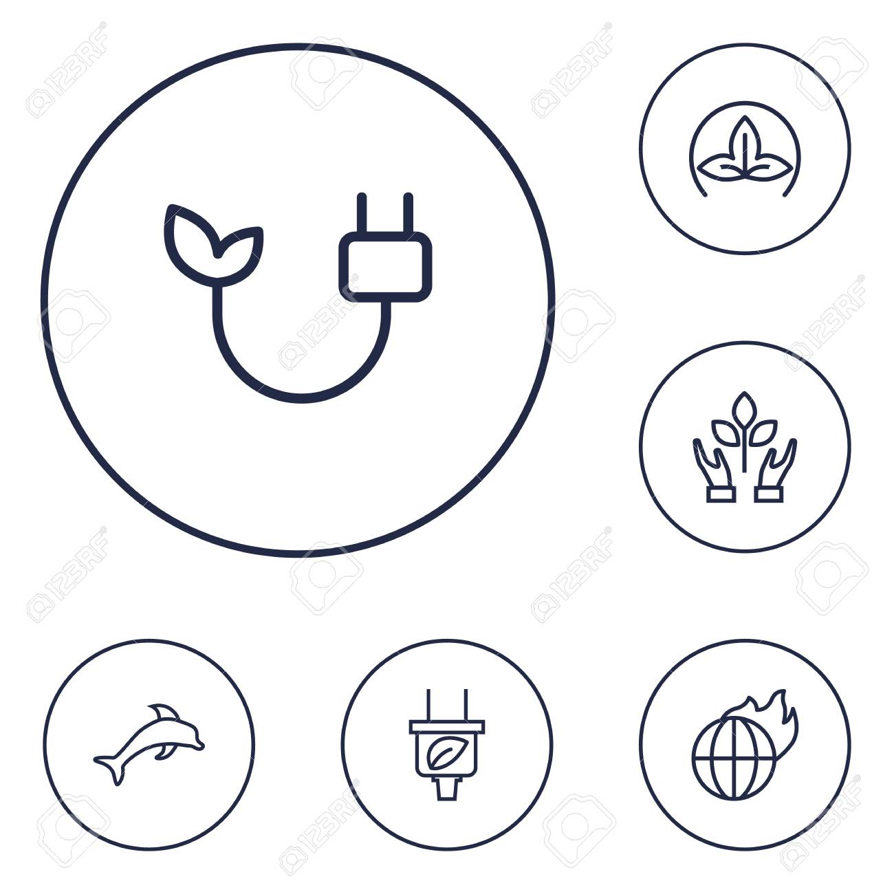 set of 6 bio outline icons set collection of plug eco dolphin bio outline