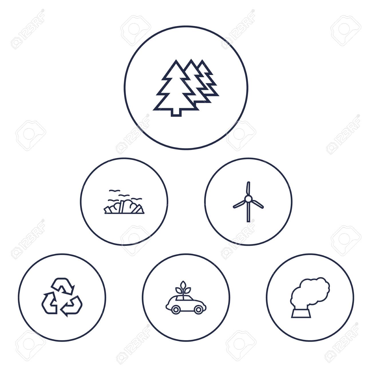 set of 6 bio outline icons set collection of afforestation wind bio outline