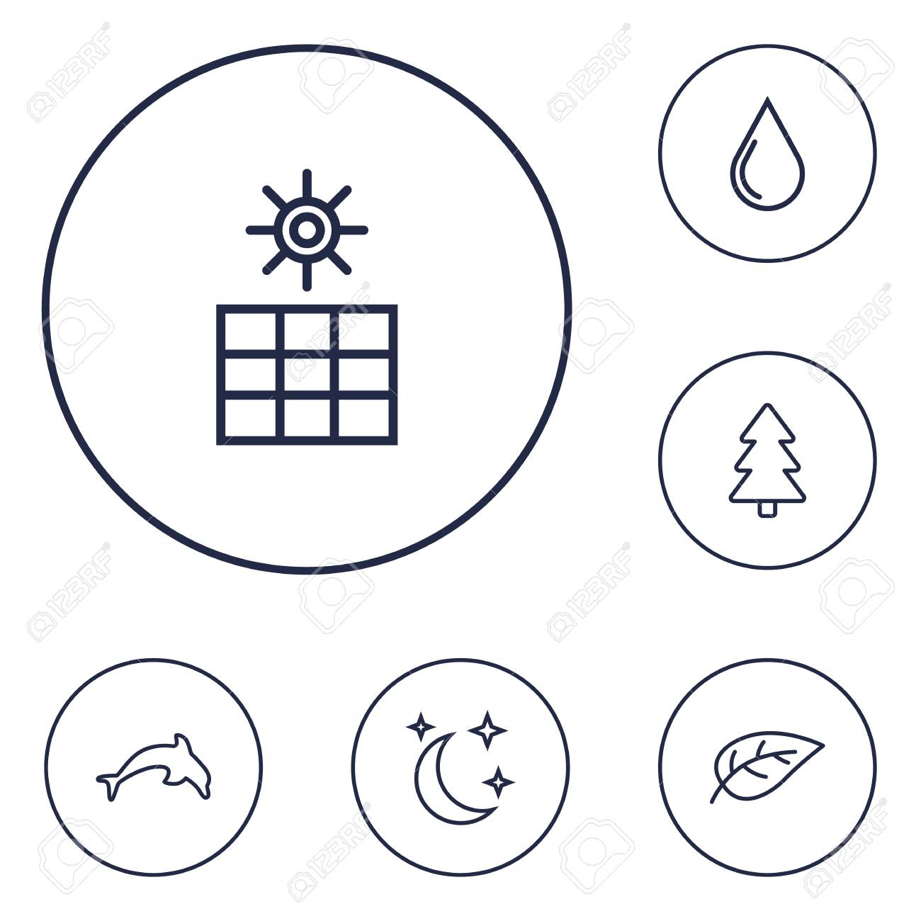 set of 6 bio outline icons set collection of sun power fir tree bio outline