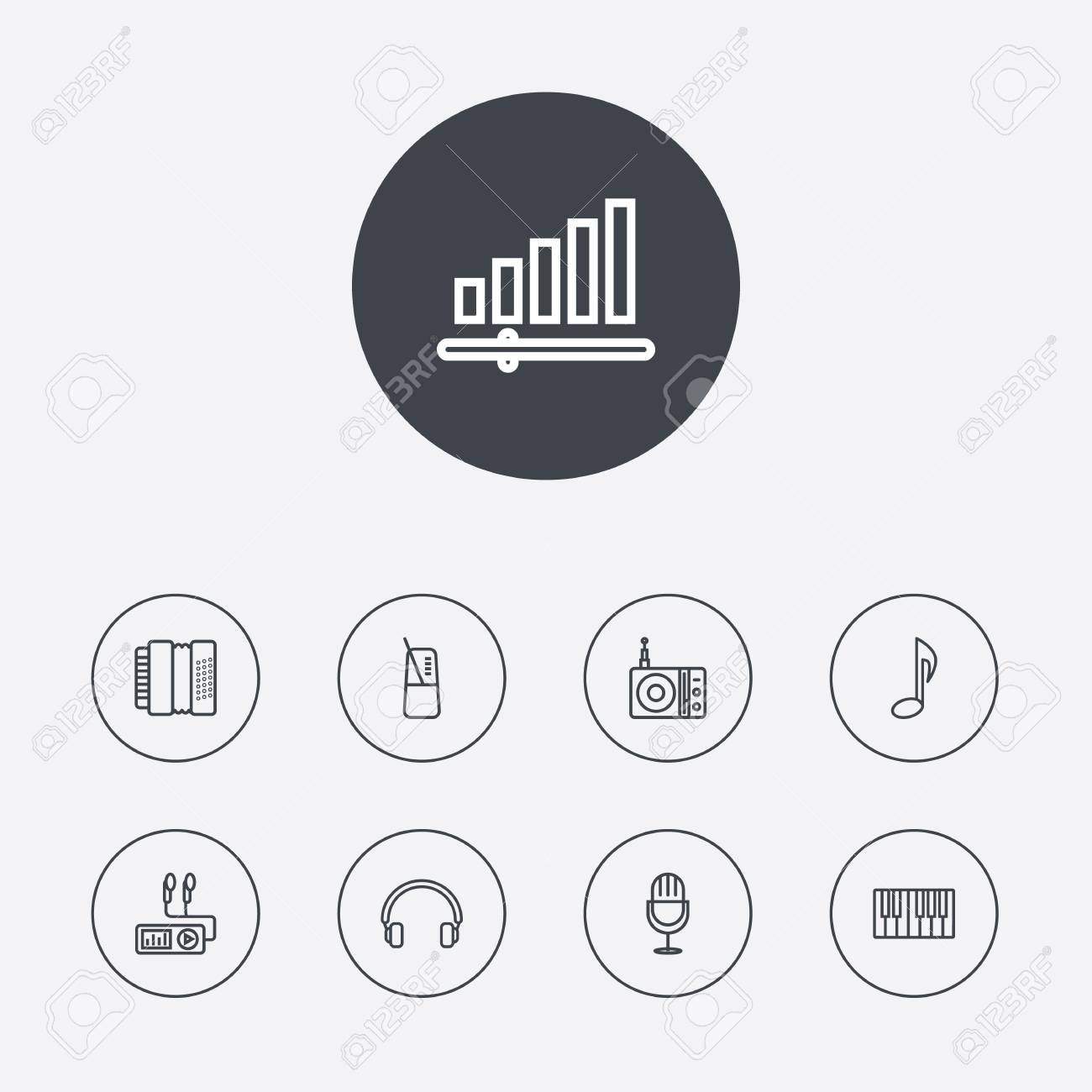 9 メロディー概要アイコン Set Collection のフォルテ ピアノ 音楽記号 アンプ その他の要素のセットです のイラスト素材 ベクタ Image