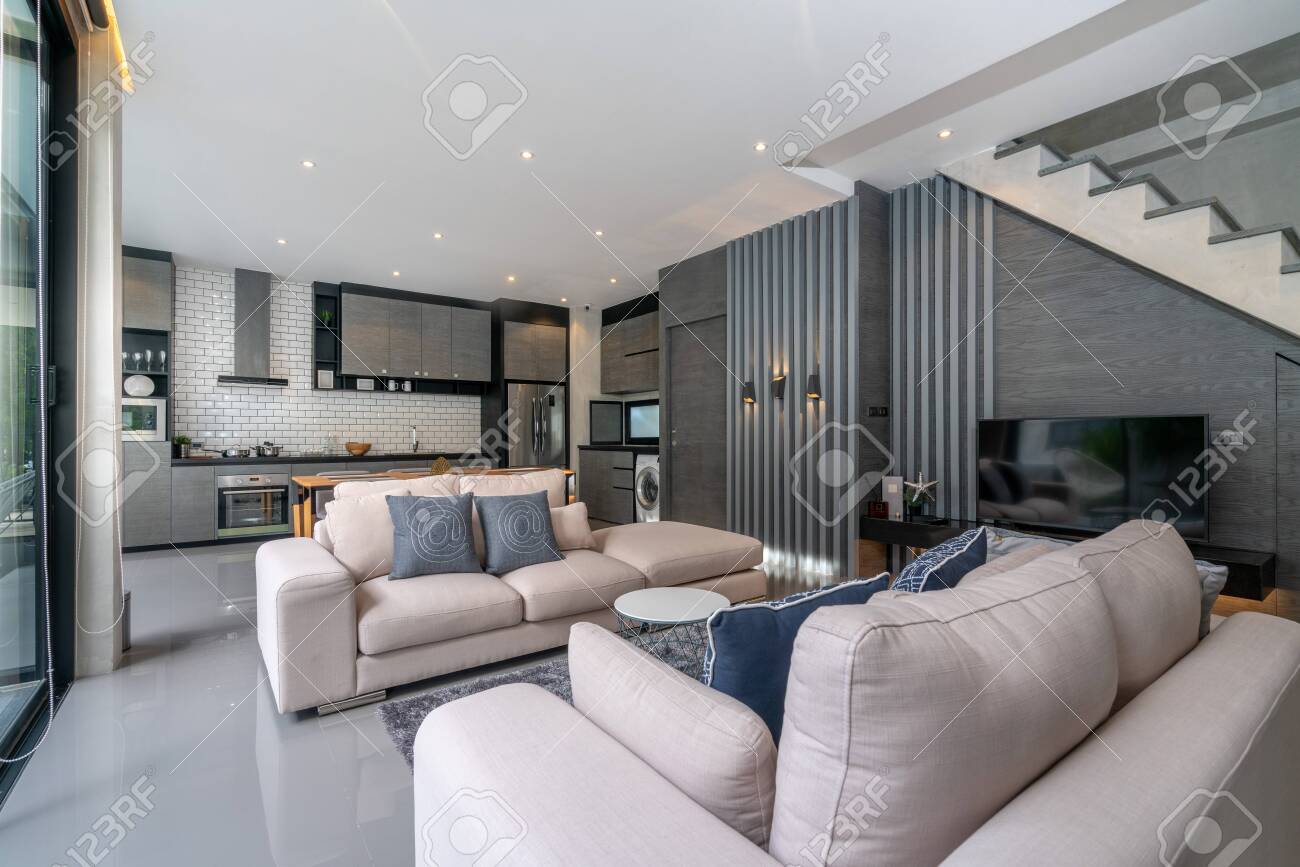 Interior Home Design In Living Room With Open Kitchen In The Stock Photo Picture And Royalty Free Image Image 143528305