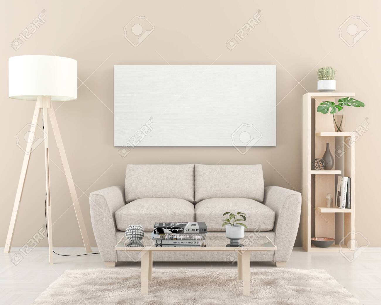 Interior wall with one big blank Canvas 180 x 90 cm. 3D render - 137399952 Interior wall with one big blank Canvas 180 x 90 cm. 3D render - 137399952