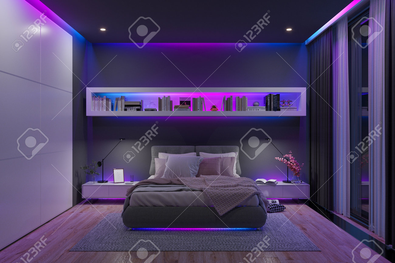 modern bedroom with a multicolored led strip lightsnigh. stock