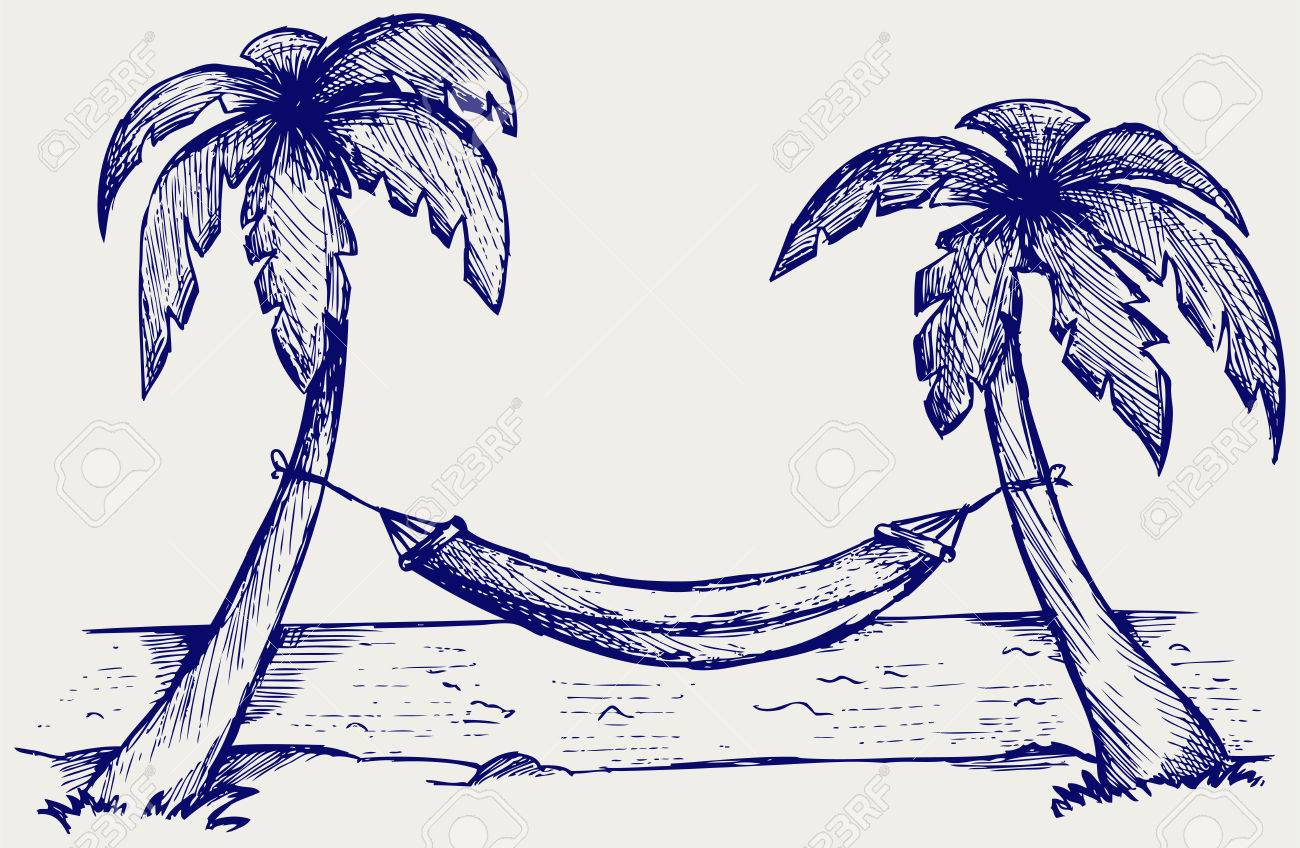 romantic hammock between palm trees doodle style royalty free