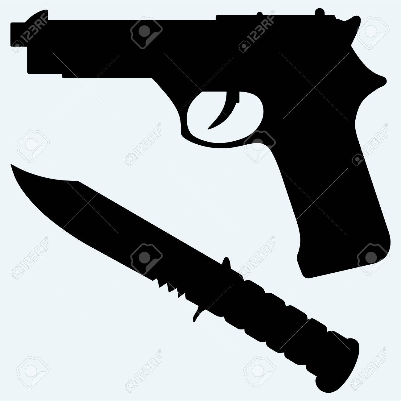 ナイフと銃のアイコンのシルエット 青の背景に分離されました ベクター シルエットのイラスト素材 ベクタ Image