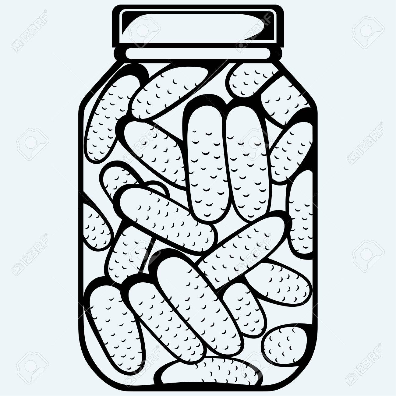 漬物の銀行 瓶の中のきゅうりを保持されます 青の背景に分離されました ベクター シルエット のイラスト素材 ベクタ Image