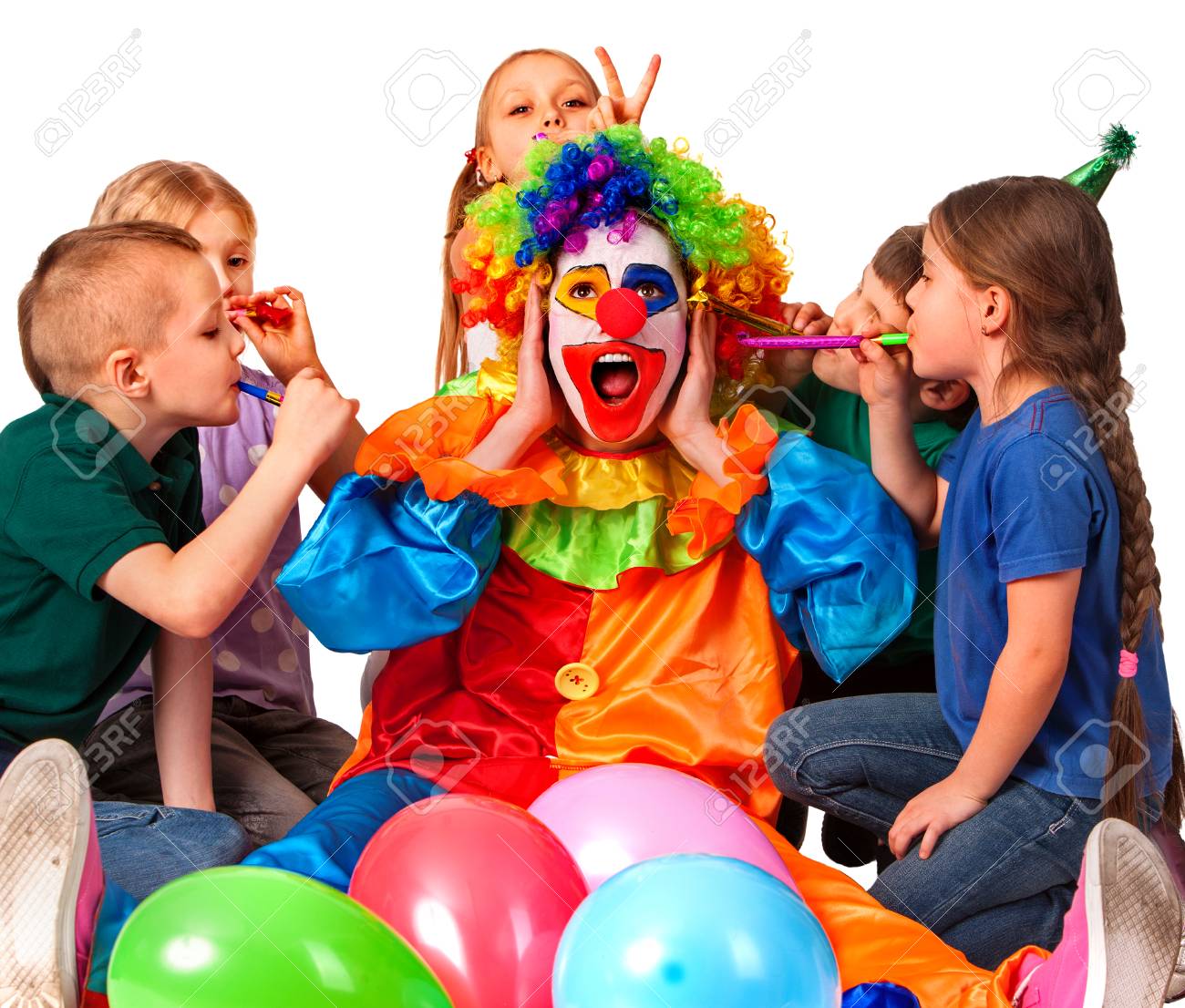Birthday Child Clown Playing With Children. Kid Cakes Celebratory In Hands  Of Events Organizer Man. Fooling Of Group People Celebrate Party . Little  Ones Pulling Bunny Fingers Prank On Man Isolated. Stock