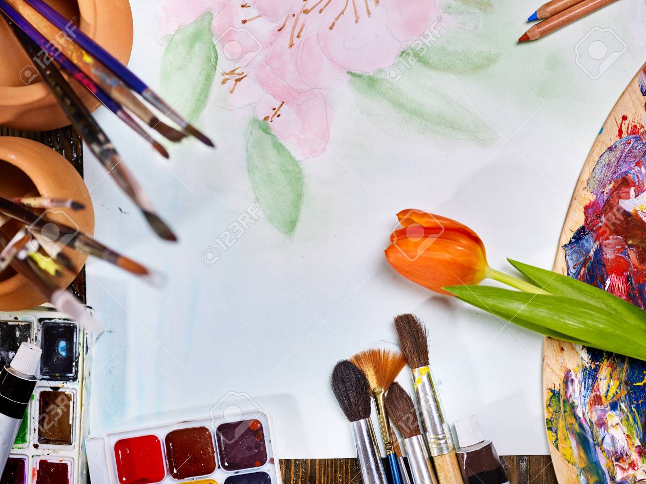 Download Painting Brushes Still Life On Table In Art Class School Group Stock Photo Picture And Royalty Free Image Image 94516472