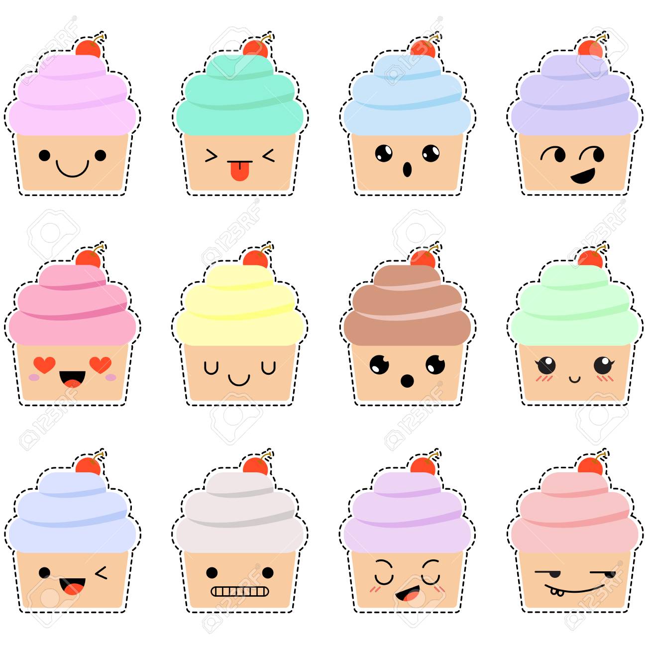 Petits Gateaux Mignons Emoticones Ensemble D Emoticones Kawaii Clip Art Libres De Droits Vecteurs Et Illustration Image