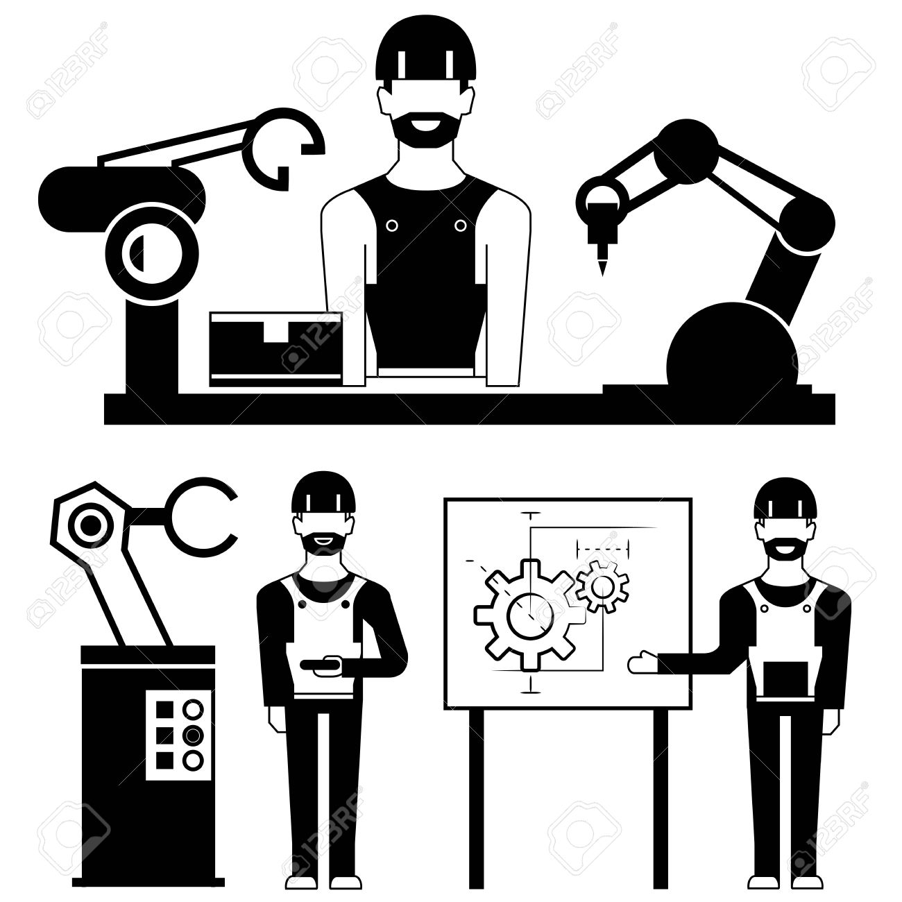 Industrial Engineer And Robotic Arm Royalty Free Cliparts Vectors