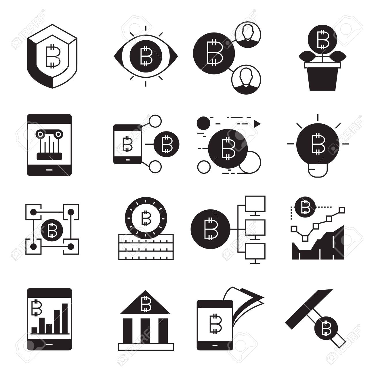 암호화폐, 비트코인 및 블록체인 기술 아이콘 로열티 무료 사진, 그림, 이미지 그리고 스톡포토그래피. Image 122081997