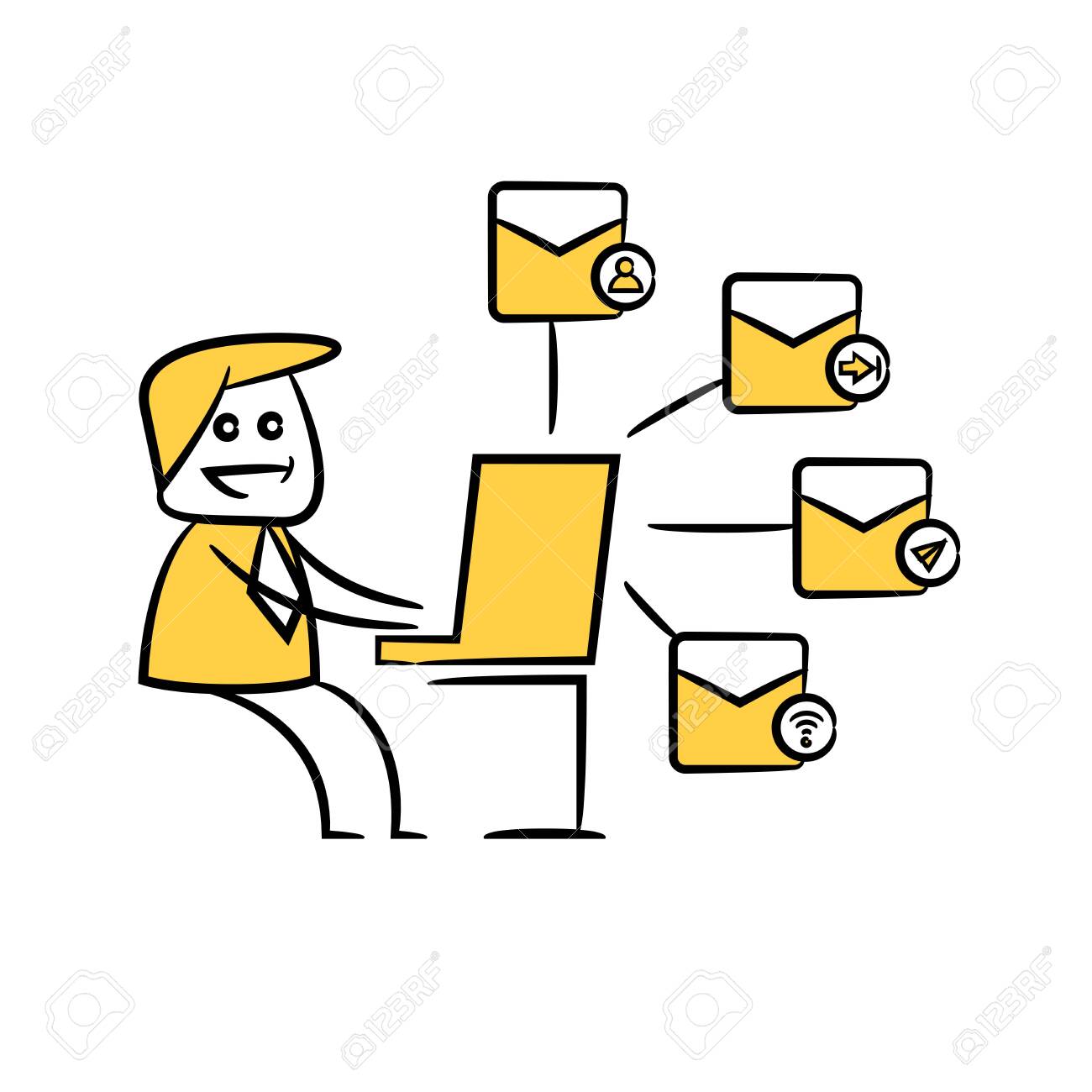 SVG, Vettoriale - Uomo D'affari Che Utilizza Laptop Inviando E-mail Design  Figura Stilizzata Gialla. Image 148209676