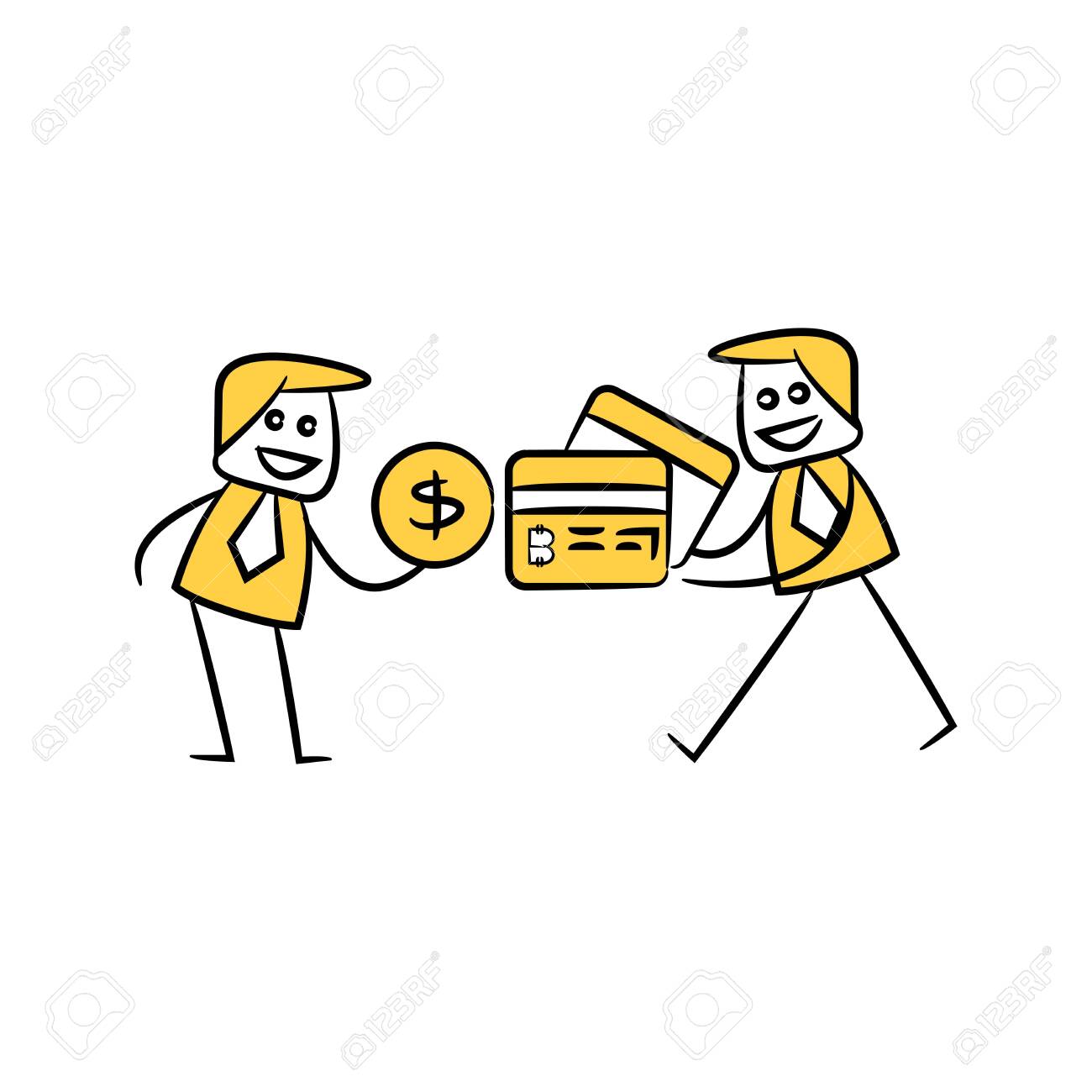ビジネスマンの物々交換ドルとビットコインクレジットカードの暗号通貨の概念黄色の落書き手のイラスト素材・ベクター Image 148264848