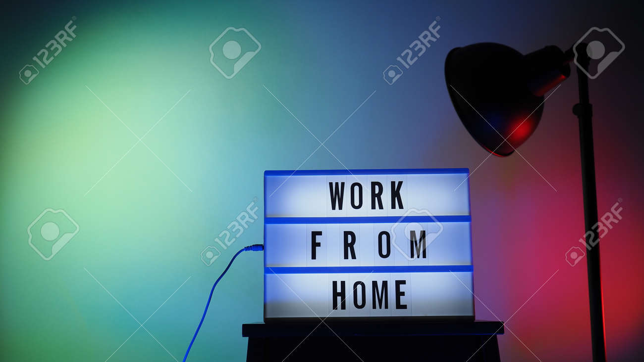 Work from home light box in studio. WFH Text on lightbox. Represent work from home for social distancing concept during coronavirus pandemic. WFH message on light board COVID 19 quarantine situation. - 168300472 Work from home light box in studio. WFH Text on lightbox. Represent work from home for social distancing concept during coronavirus pandemic. WFH message on light board COVID 19 quarantine situation. - 168300472