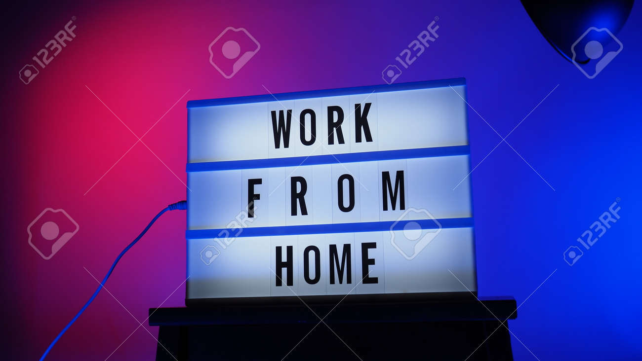 Work from home light box in studio. WFH Text on lightbox. Represent work from home for social distancing concept during coronavirus pandemic. WFH message on light board COVID 19 quarantine situation. - 168300475 Work from home light box in studio. WFH Text on lightbox. Represent work from home for social distancing concept during coronavirus pandemic. WFH message on light board COVID 19 quarantine situation. - 168300475