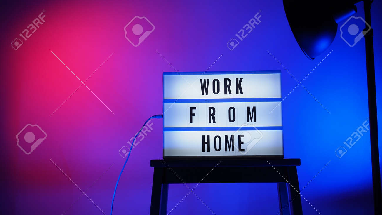 Work from home light box in studio. WFH Text on lightbox. Represent work from home for social distancing concept during coronavirus pandemic. WFH message on light board COVID 19 quarantine situation. - 168300476 Work from home light box in studio. WFH Text on lightbox. Represent work from home for social distancing concept during coronavirus pandemic. WFH message on light board COVID 19 quarantine situation. - 168300476