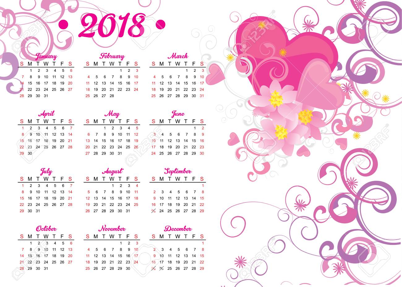 18 年カレンダー ピンクのハートと花の装飾 のイラスト素材 ベクタ Image 2438