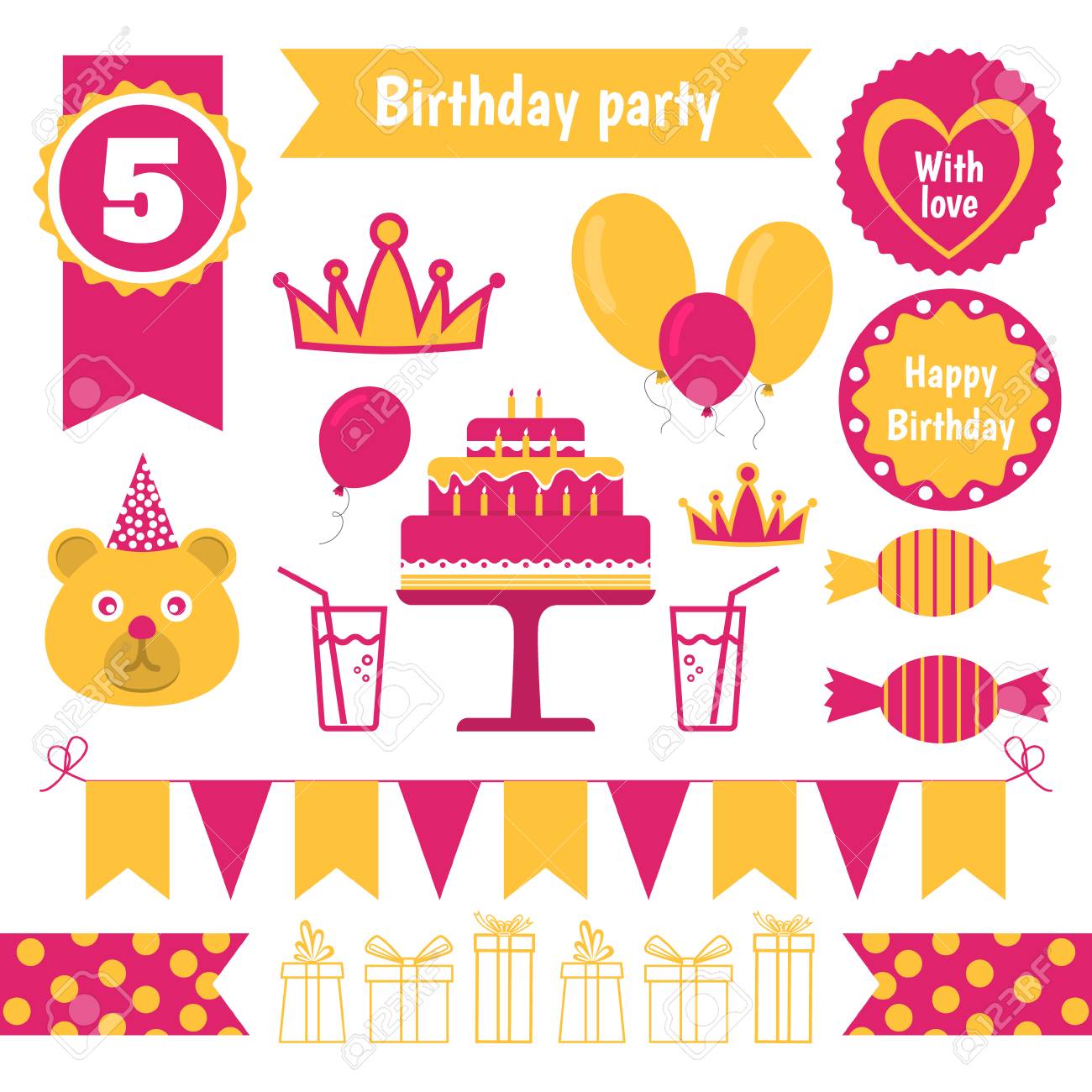 Vector Ensemble D Elements Festifs De Fete D Anniversaire Design Plat Clip Art Libres De Droits Vecteurs Et Illustration Image