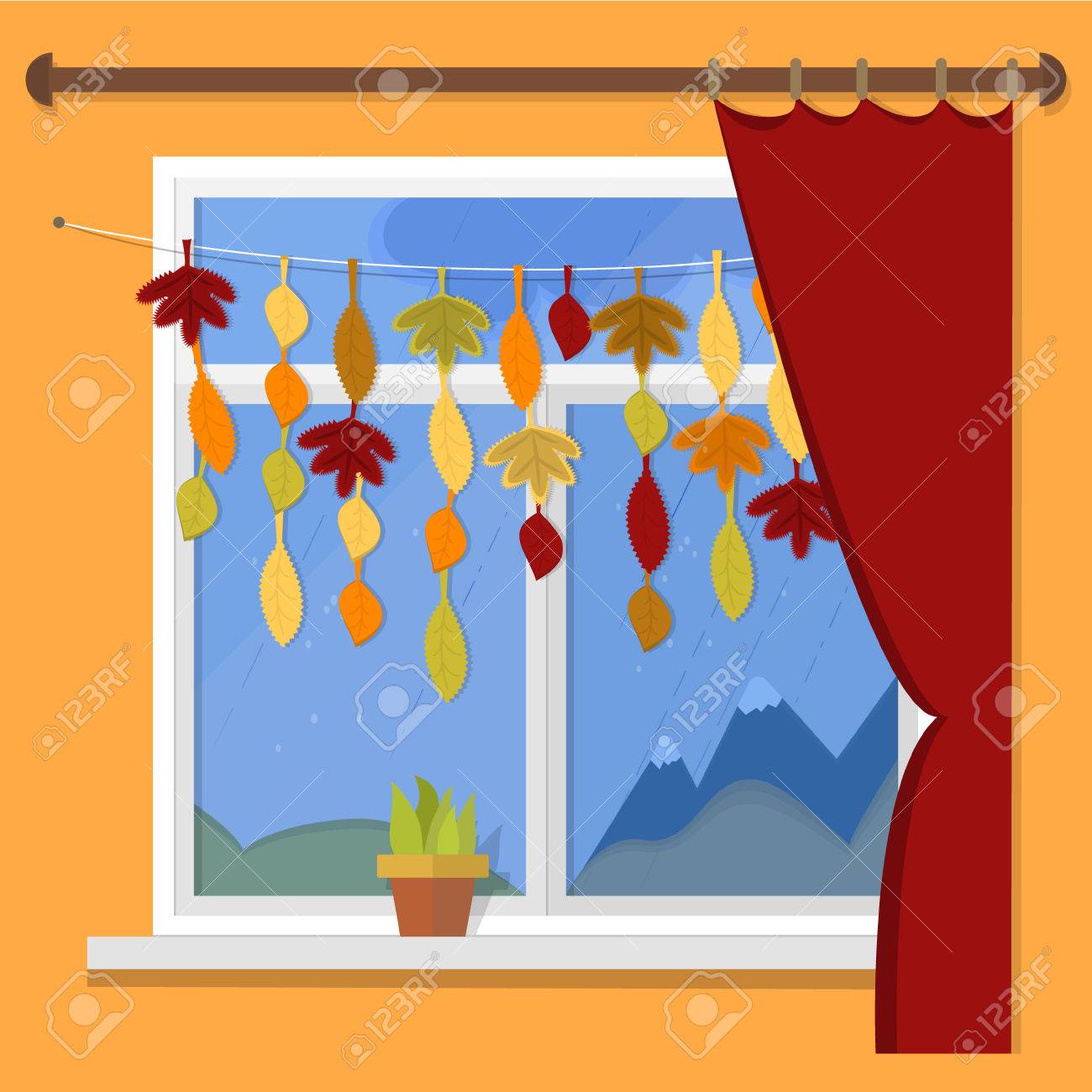 秋 イラスト 秋窓雨景色 ウィンドウに秋の葉のガーランド のイラスト素材 ベクタ Image