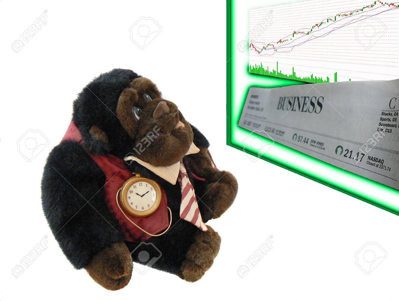 비즈니스와 같은 옷을 입은 원숭이보고 주식 시장 따옴표는 화이트 위에 네온 - 적열하는 보드에 게시 로열티 무료 사진, 그림, 이미지  그리고 스톡포토그래피. Image 819305