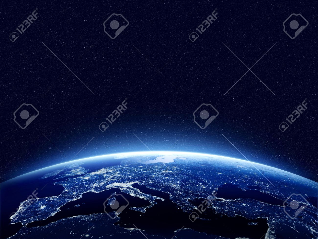 Earth At Night As Seen From Space With Blue Glowing Atmosphere And Space At The Top Perfect For Illustrations Elements Of This Image Furnished By Nasa Stock Photo Picture And Royalty Free