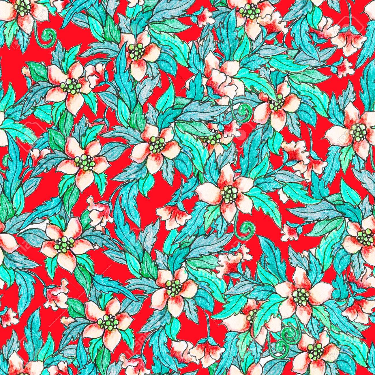 エキゾチックなハワイアン南国の花 ハイビスカス たくさんに囲まれての鉛筆イラストは葉や枝します 花柄シームレス 反復的な背景 布や夏のイラストに最適です の写真素材 画像素材 Image