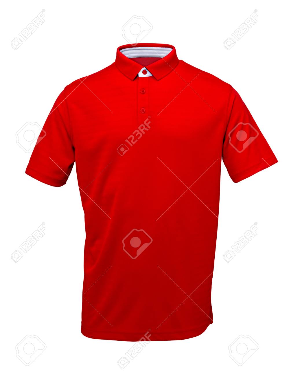 Red golf tee shirt with with white collar on white background - 74329297 Red golf tee shirt with with white collar on white background - 74329297
