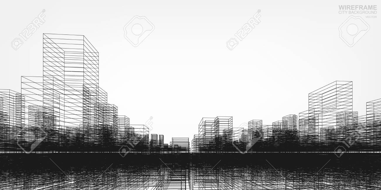 perspective 3d render of building wireframe vector wireframe