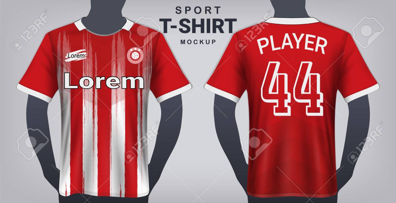 Download Soccer Jersey And Sport T Shirt Mockup Template Realistic Graphic Design Front And Back View For Football Kit Uniforms Easy Possibility To Apply Your Artwork Text Image Logo Royalty Free Cliparts Vectors And