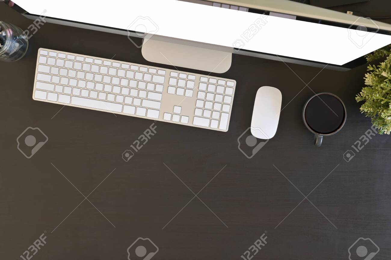 Office Desk Top View Computer And Office Supplies Above Of Black - Office Desk Top View Computer And Office Supplies Above Of Black