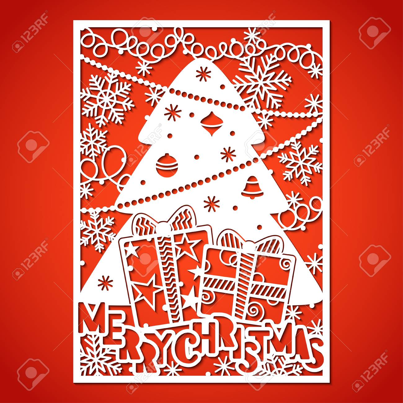 Christmas tree with decorations. Laser Cutting template for greeting cards, envelopes, invitations, interior elements. - 112226681 Christmas tree with decorations. Laser Cutting template for greeting cards, envelopes, invitations, interior elements. - 112226681