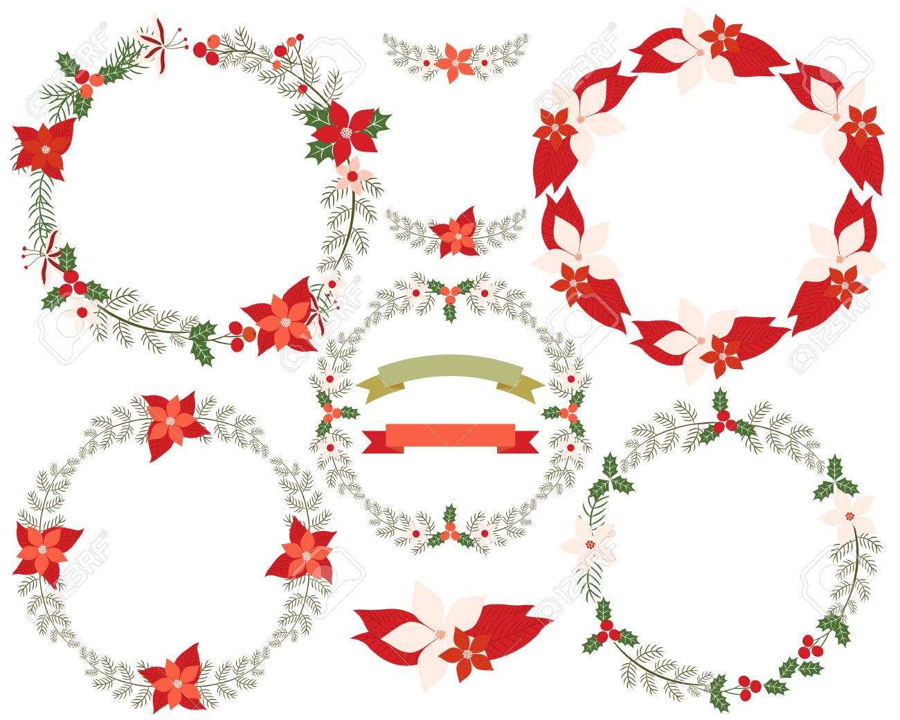Round Christmas Wreath Border Set With Branches Leaves Flowers