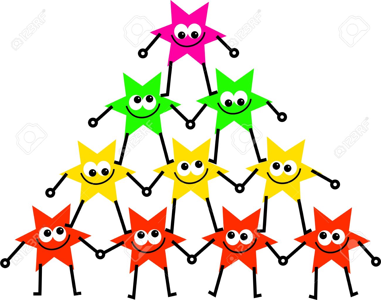 group of colourful cartoon star people forming a united tower