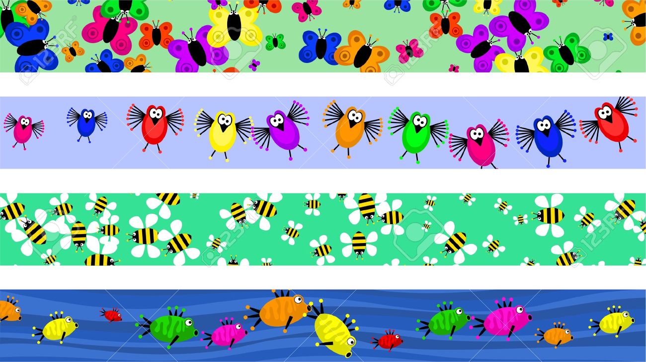 set of four cute cartoon animal page border designs stock photo