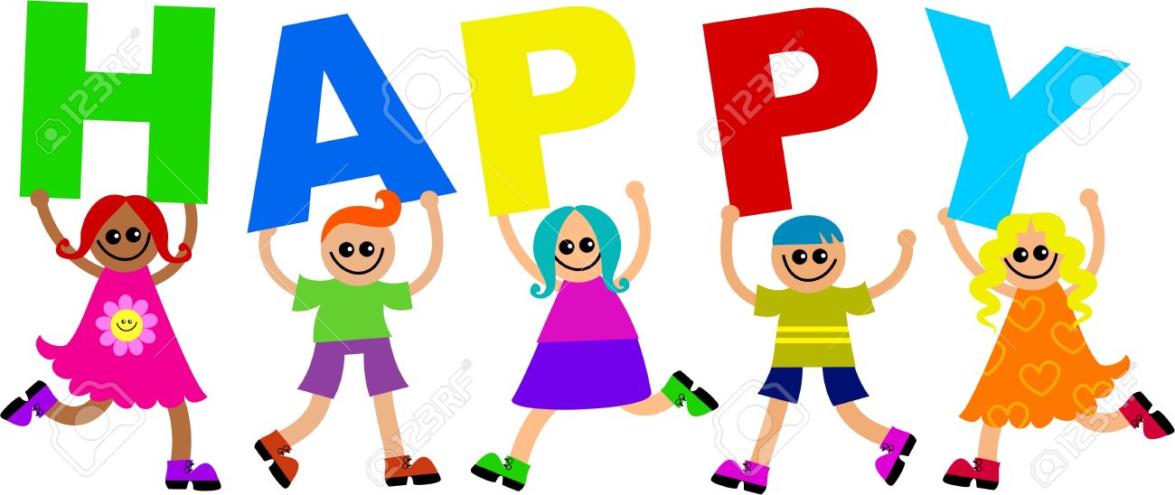 a group of happy kids holding up letters to form the word happy