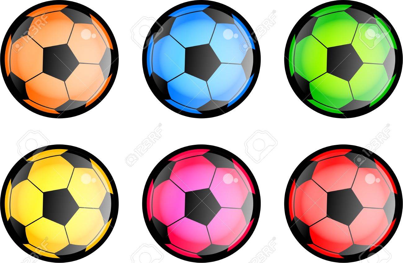 A Set Of Six Glossy Style Soccer Balls In Different Colors - A Set Of Six Glossy Style Soccer Balls In Different Colors