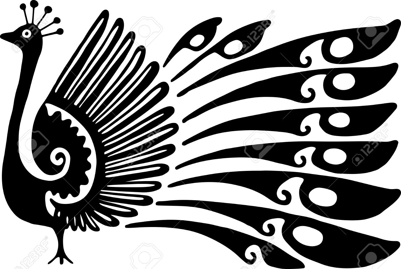 Simple Black And White Line Drawing Of A Decorative Peacock Stock ...