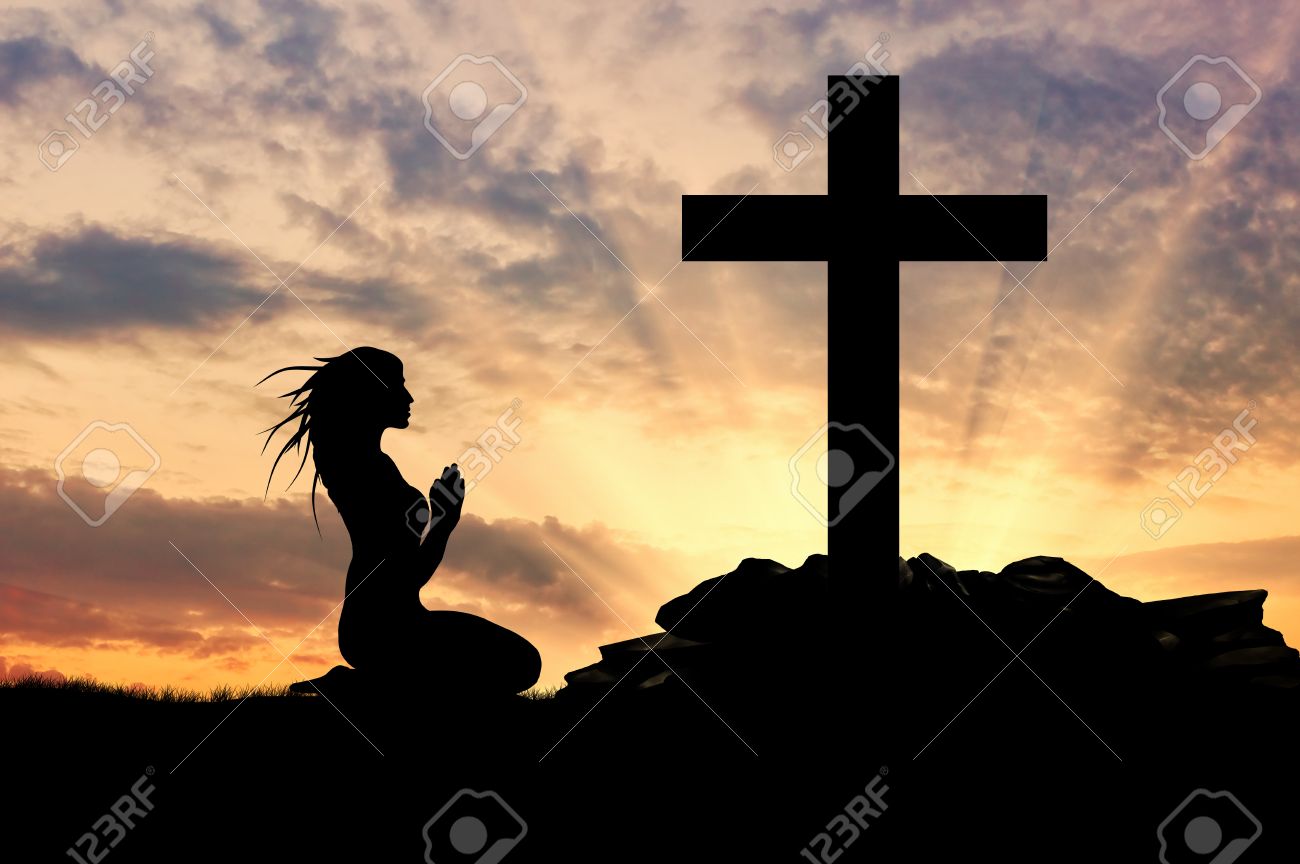 Concept Of Religion. Silhouette Of A Woman Praying Before The Cross At  Sunset Stock Photo, Picture and Royalty Free Image. Image 45869037., image size:1300x864