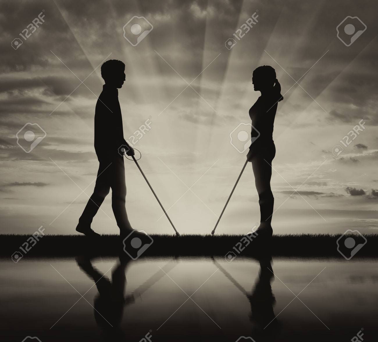 Blinde Manner Und Frauen Mit Behinderungen Mit Einem Stock Und Reflexion In Wasser Schwarz Weiss Konzept Helfen Blinden Menschen Behinderungen Lizenzfreie Fotos Bilder Und Stock Fotografie Image 65811041