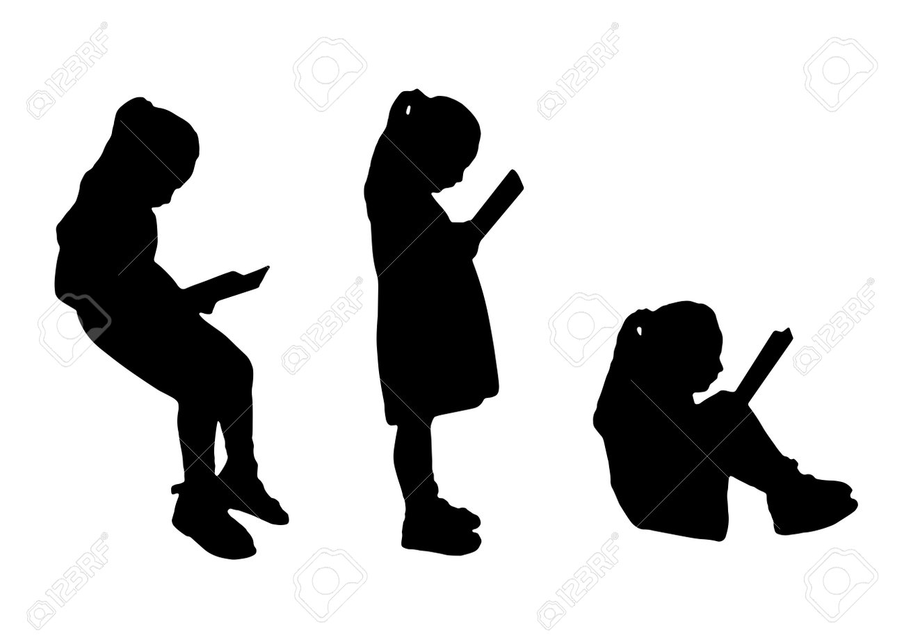 Silhouette Of Little Girl Reading Book Set. Children Learning Concept.  Vector Silhouette Royalty Free SVG, Cliparts, Vectors, and Stock  Illustration. Image 198721979., image size:1300x913