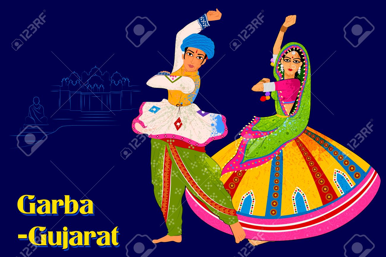インド グジャラートの Garba フォーク ダンスを実行するカップルのベクター デザインのイラスト素材 ベクタ Image