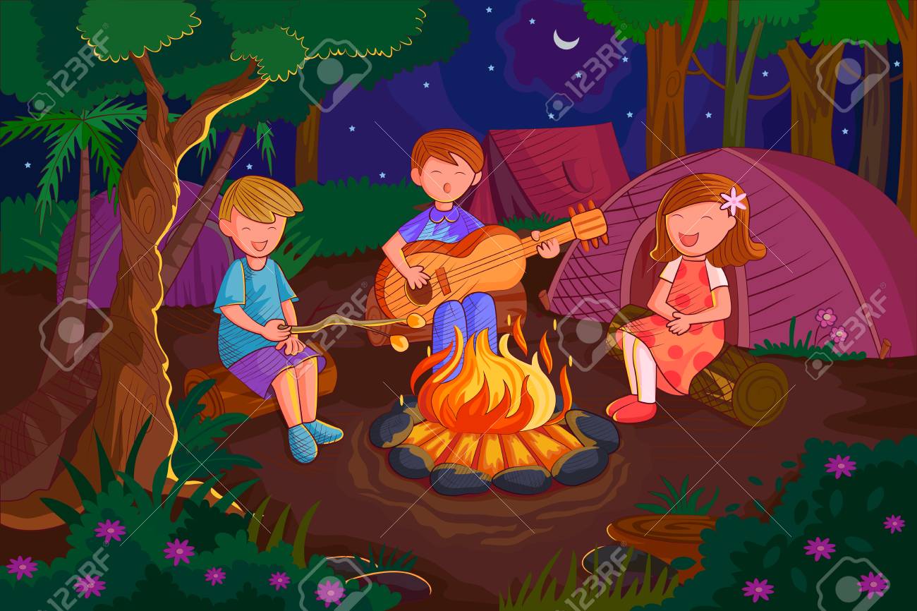 夏休みナイト キャンプで焚き火近く音楽を楽しむ子供達 のイラスト素材 ベクタ Image
